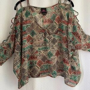 Vintage 2b Bebe Sheer Ethnic Boho Flowy Multi-Color Geometric Tunic Top NWT